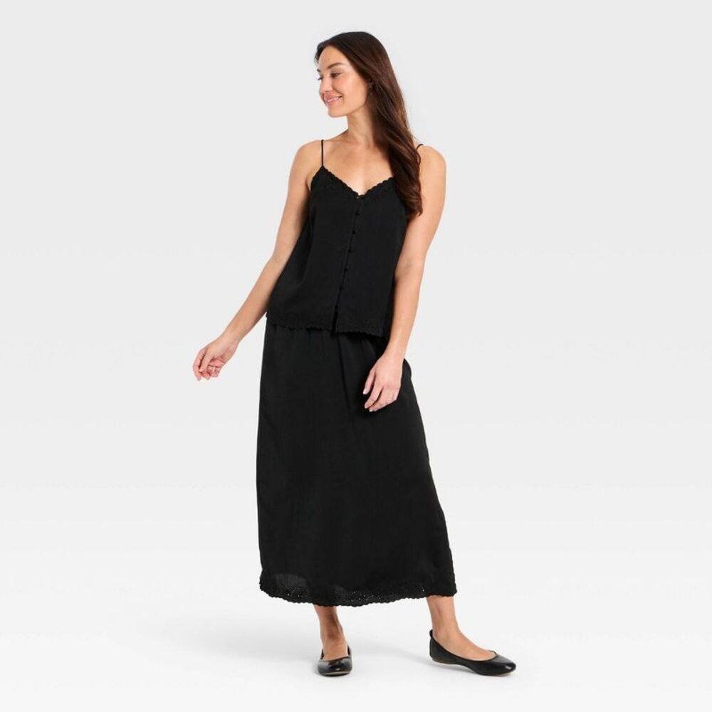 Women's Cutwork Midi A-Line Skirt - Universal Thread Black XL